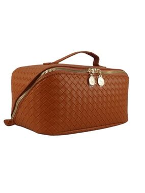 NWOT Checkered Brown Large Capacity Waterproof Cosmetic Bag with Divider